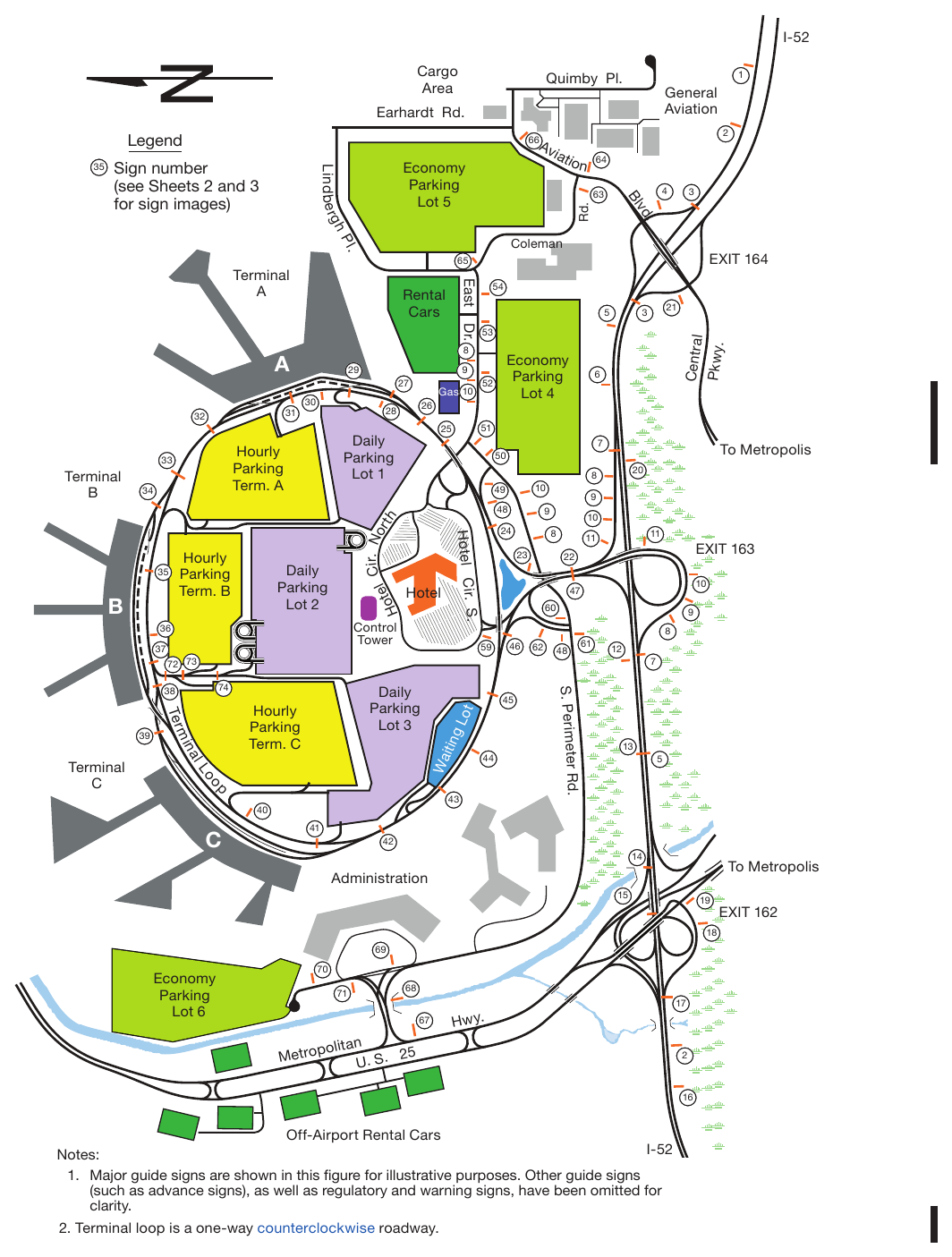 Figure 2D-39. Example of a System of Major Guide Signs for an Airport Roadway Network (Sheet 1 of 3)
