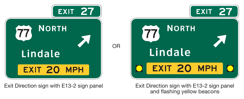 Figure 2E-14. Examples of Exit Direction Signs with Advisory Speed Panels and Flashing Yellow Beacons