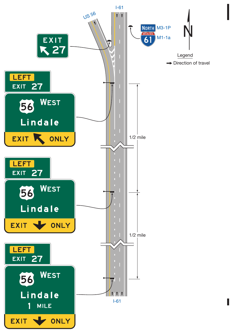Figure 2E-18. Guide Signs for a Single-Lane Exit to the Left with a Dropped Lane