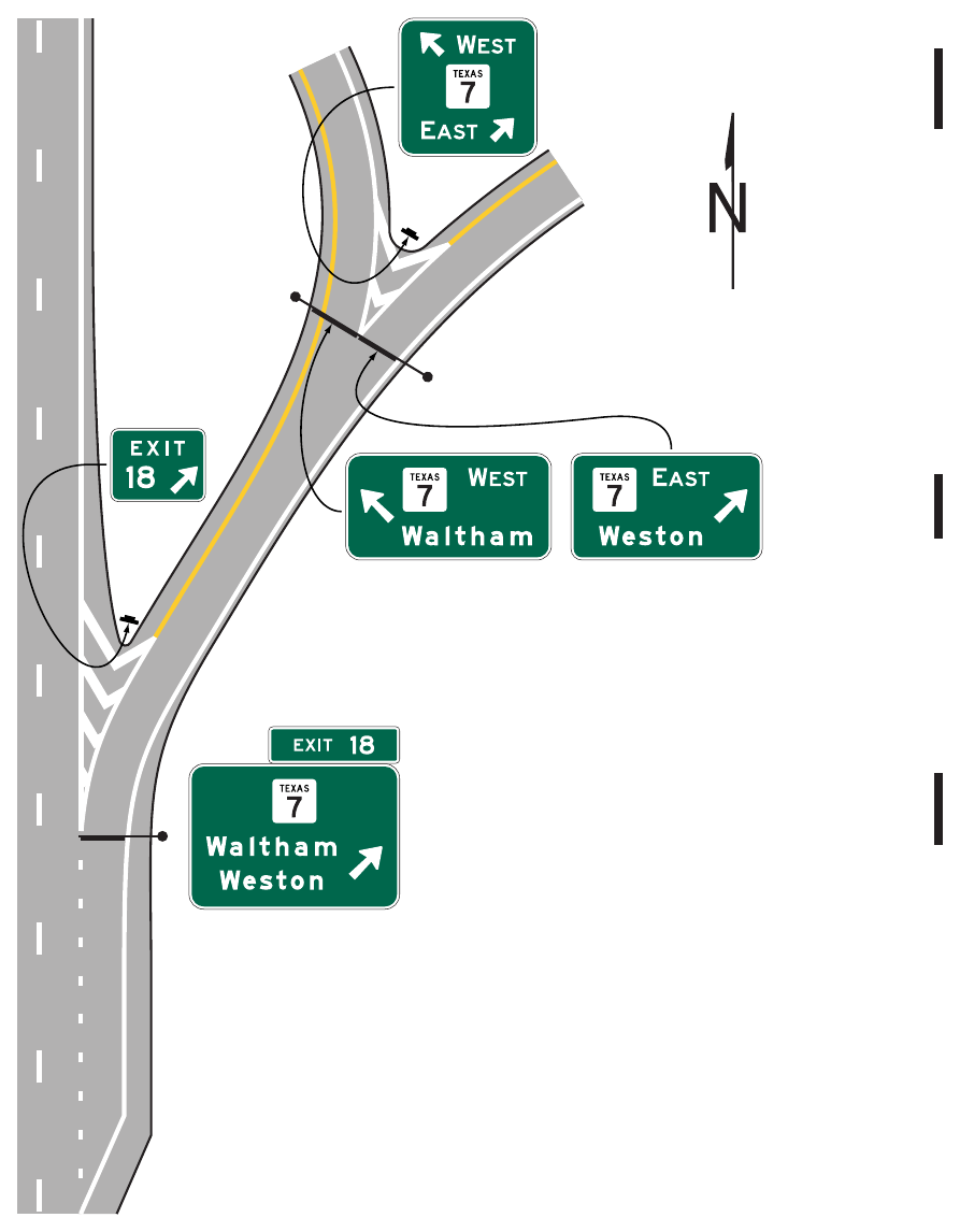 Figure 2E-25. Examples of Signing for an Interchange Exit Ramp with a Downstream Split (Sheet 1 of 2)