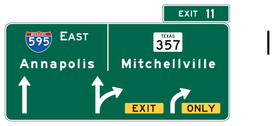 Figure 2E-35. Example of an Overhead Arrow-per-Lane Guide Sign for a Multi-Lane Exit with an Option Lane