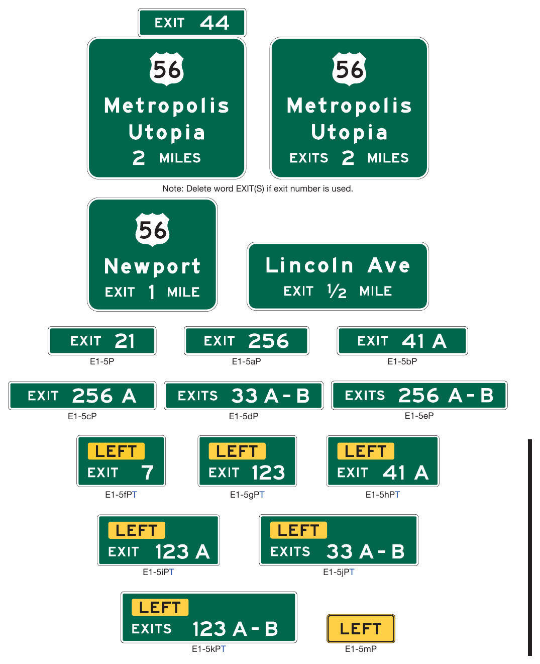 Figure 2E-9. Examples of Interchange Advance Guide Signs, Exit Number Plaques, and LEFT Plaque