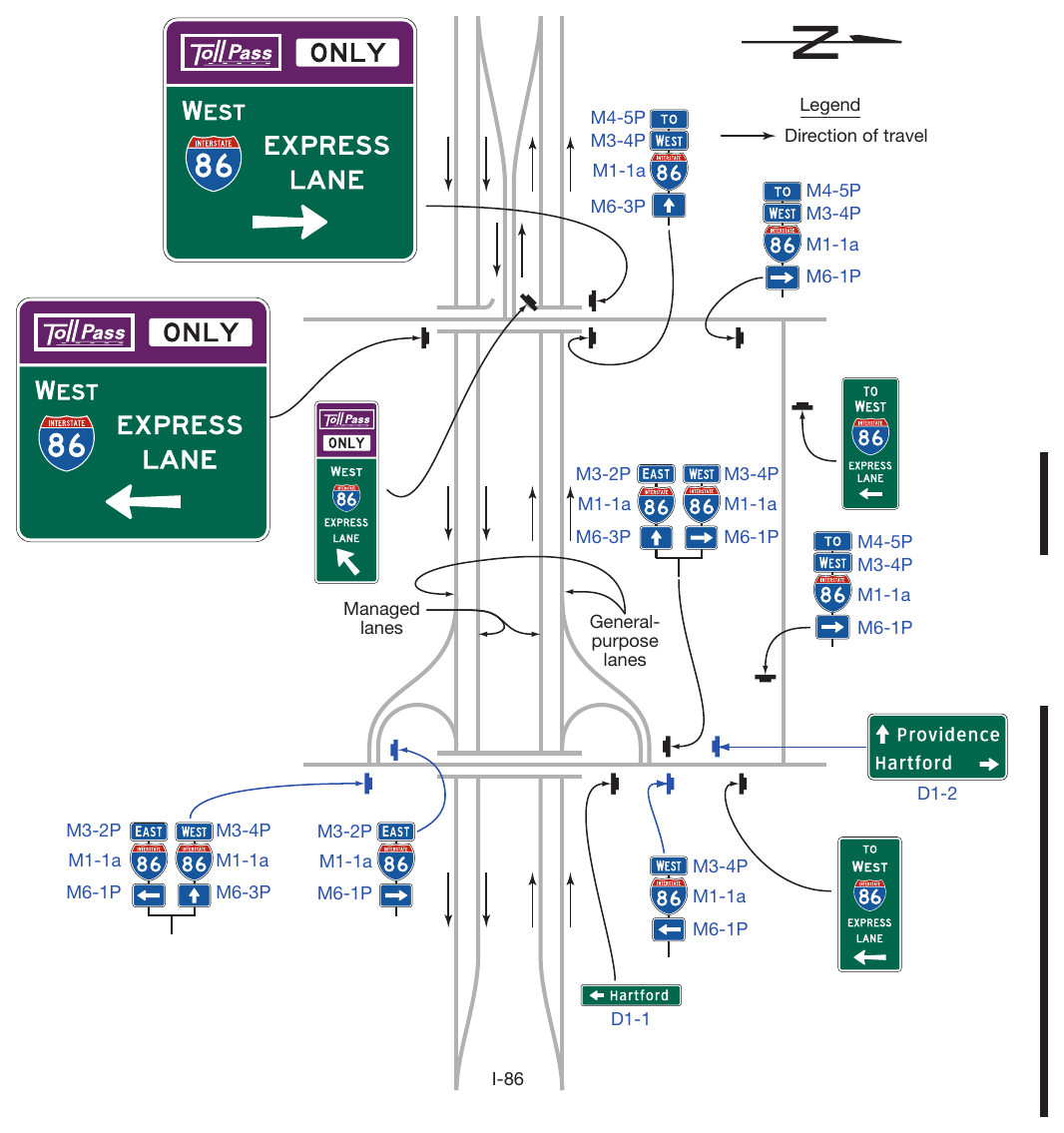 Figure 2G-30. Examples of Guide Signs for a Direct Entrance Ramp to a Priced Managed Lane and Trailblazing to a Nearby Entrance to the General-Purpose Lanes