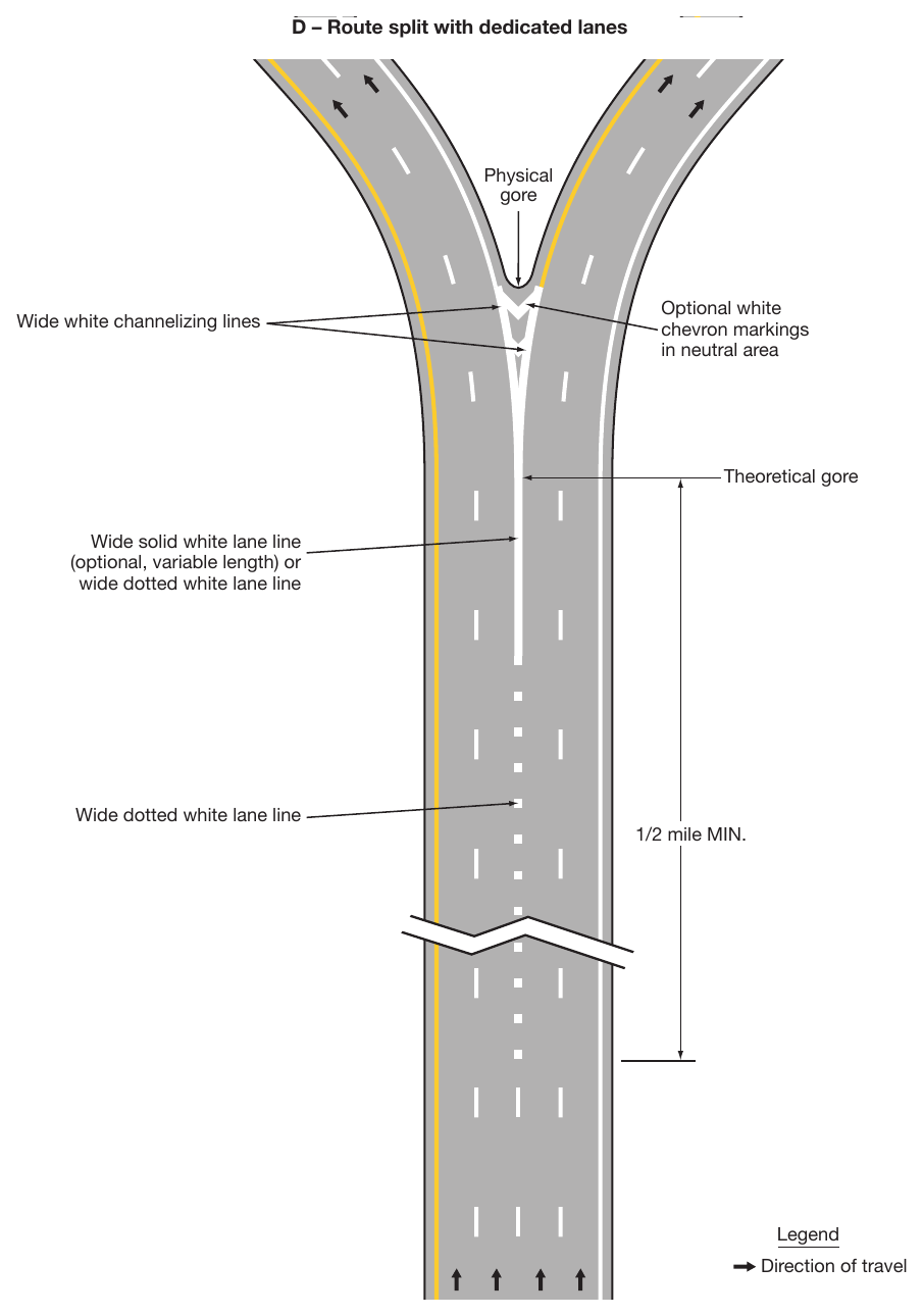 Figure 3B-11. Examples of Applications of Freeway and Expressway Lane-Drop Markings (Sheet 4)