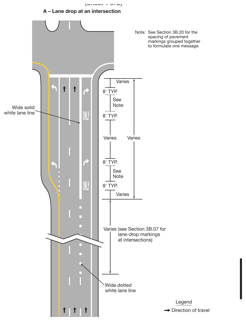 Figure 3B-12. Examples of Applications of Conventional Road Lane-Drop Markings (Sheet 1)