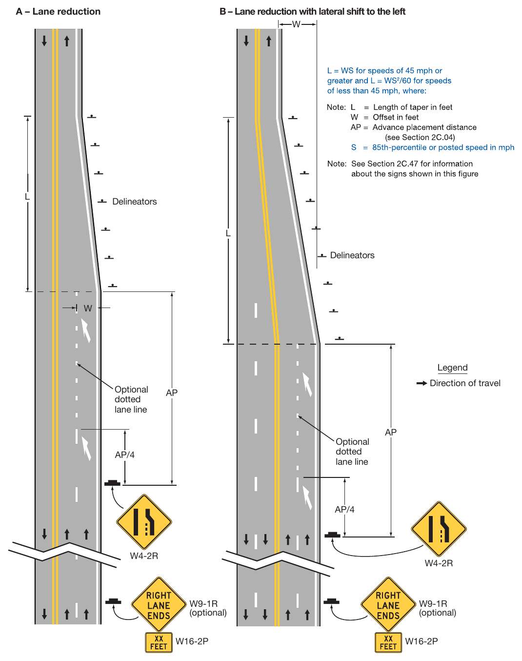 Figure 3B-14. Examples of Applications of Lane-Reduction Transition Markings
