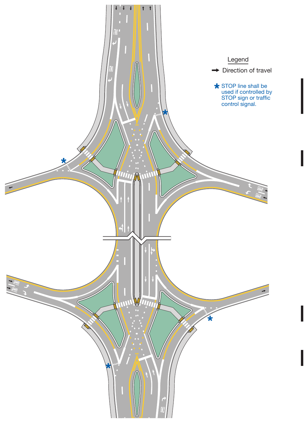 Figure 3B-29. Example of Pavement Markings for a Diamond Interchange with a Transposed Alignment Crossroad