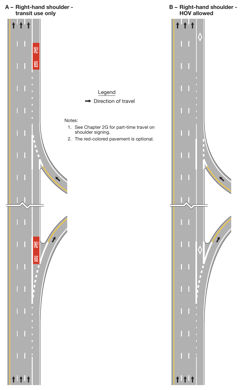 Figure 3E-5. Markings for Part-Time Travel on Shoulder and Application of Pavement Word Markings (Sheet 1)