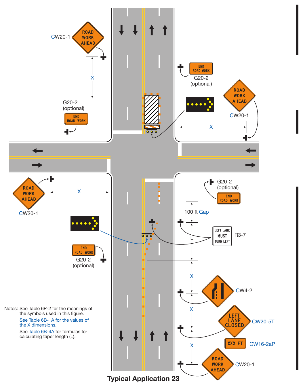 Figure 6P-23. Left-Hand Lane Closure on the Far Side of an Intersection (TA-23)