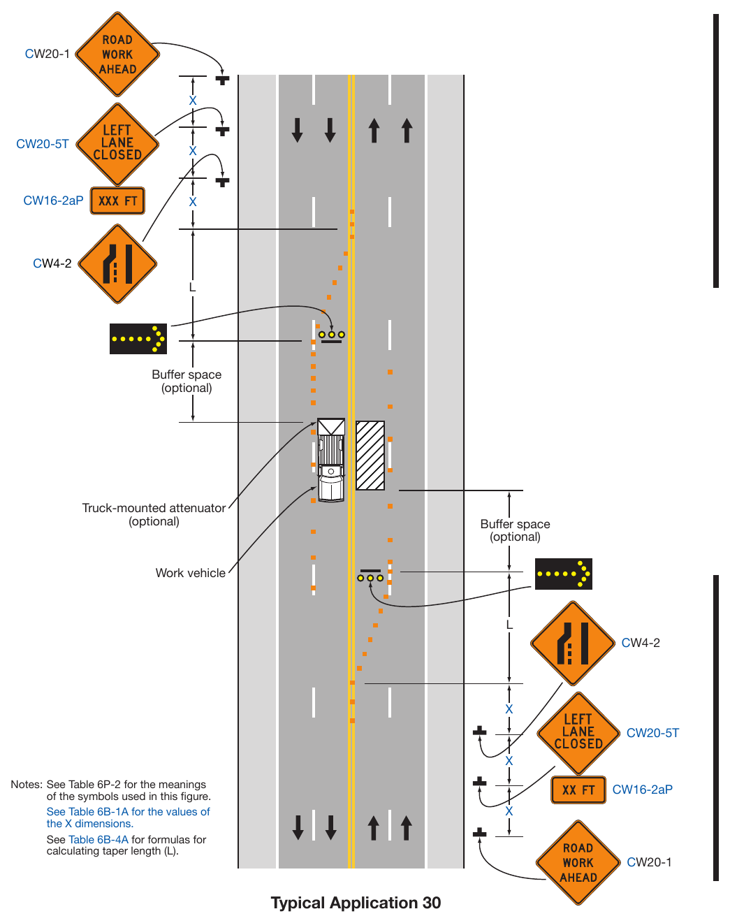 Figure 6P-30. Interior Lane Closure on a Multi-Lane Street (TA-30)