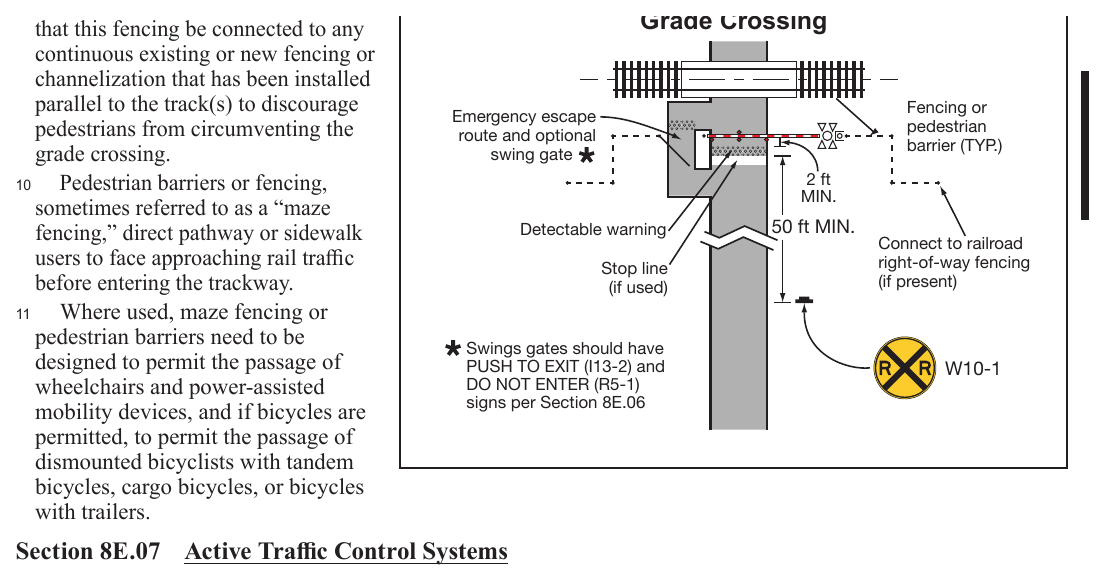 Figure 8E-6. Example of an Automatic Pedestrian Gate and an Emergency Escape Route at a Pathway Grade Crossing