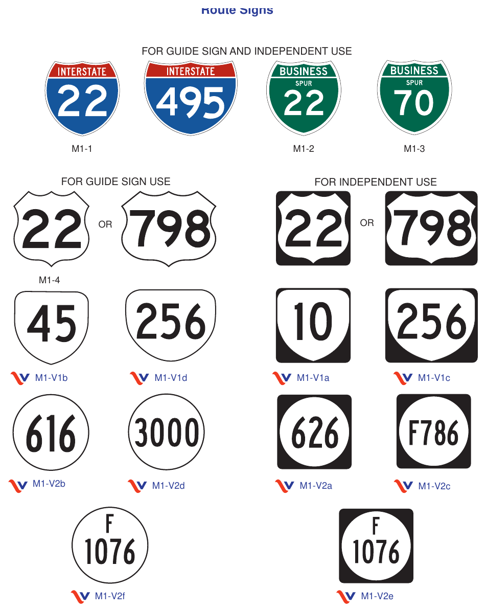Figure 2E-60(VA). Interstate, Off-Interstate, U.S. Route, Virginia Primary Route, and Virginia Circular Secondary Route Signs FOR GUIDE SIGN AND INDEPENDENT USE