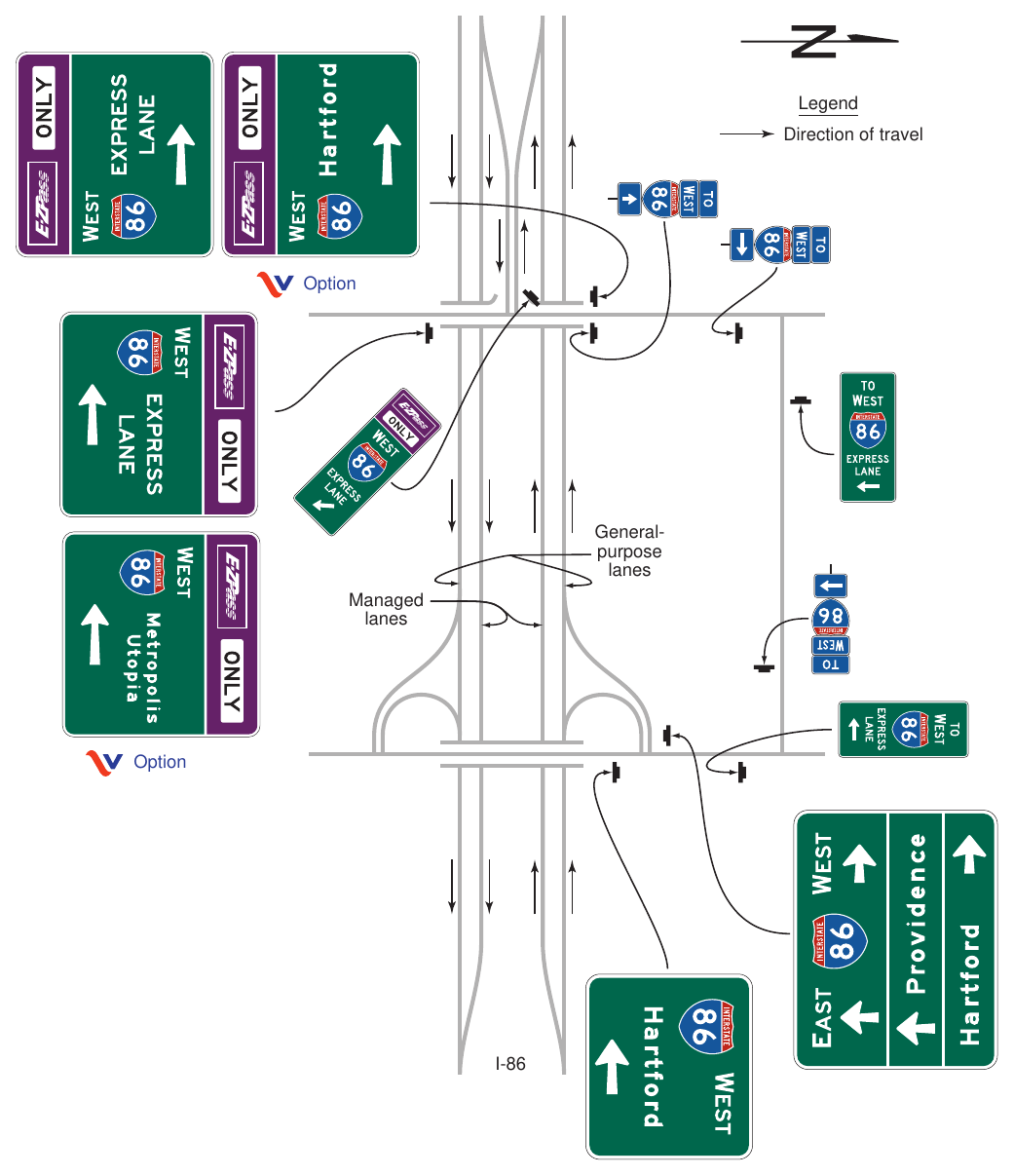 Figure 2G-30(VA). Examples of Guide Signs for a Direct Entrance Ramp to a Priced