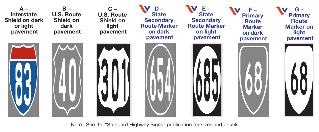 Figure 3B-18(VA). Examples of Elongated Route Shields and Markers Applied as Pavement Markings A– Interstate