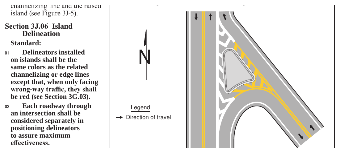 Figure 3J-5. Example of Optional Chevron and Diagonal Pavement Markings at a Raised Island