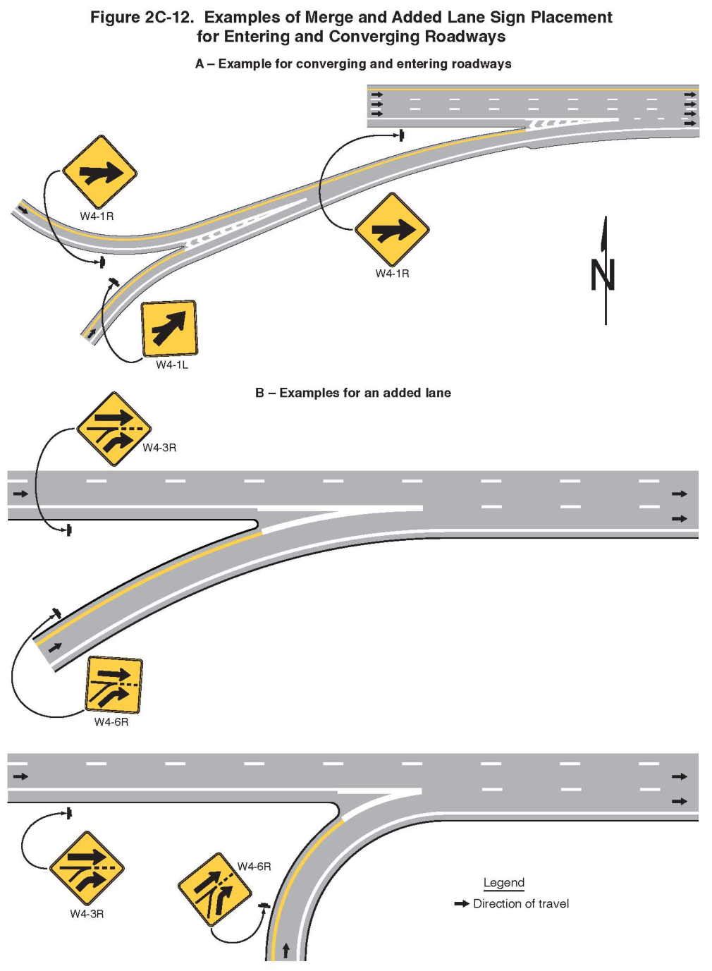 Figure 2C-12. Examples of Merge and Added Lane Sign Placement