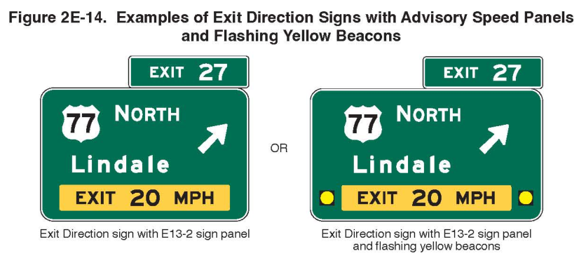 Figure 2E-14. Examples of Exit Direction Signs with Advisory Speed Panels