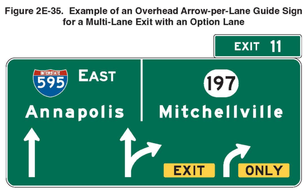 Figure 2E-35. Example of an Overhead Arrow-per-Lane Guide Sign