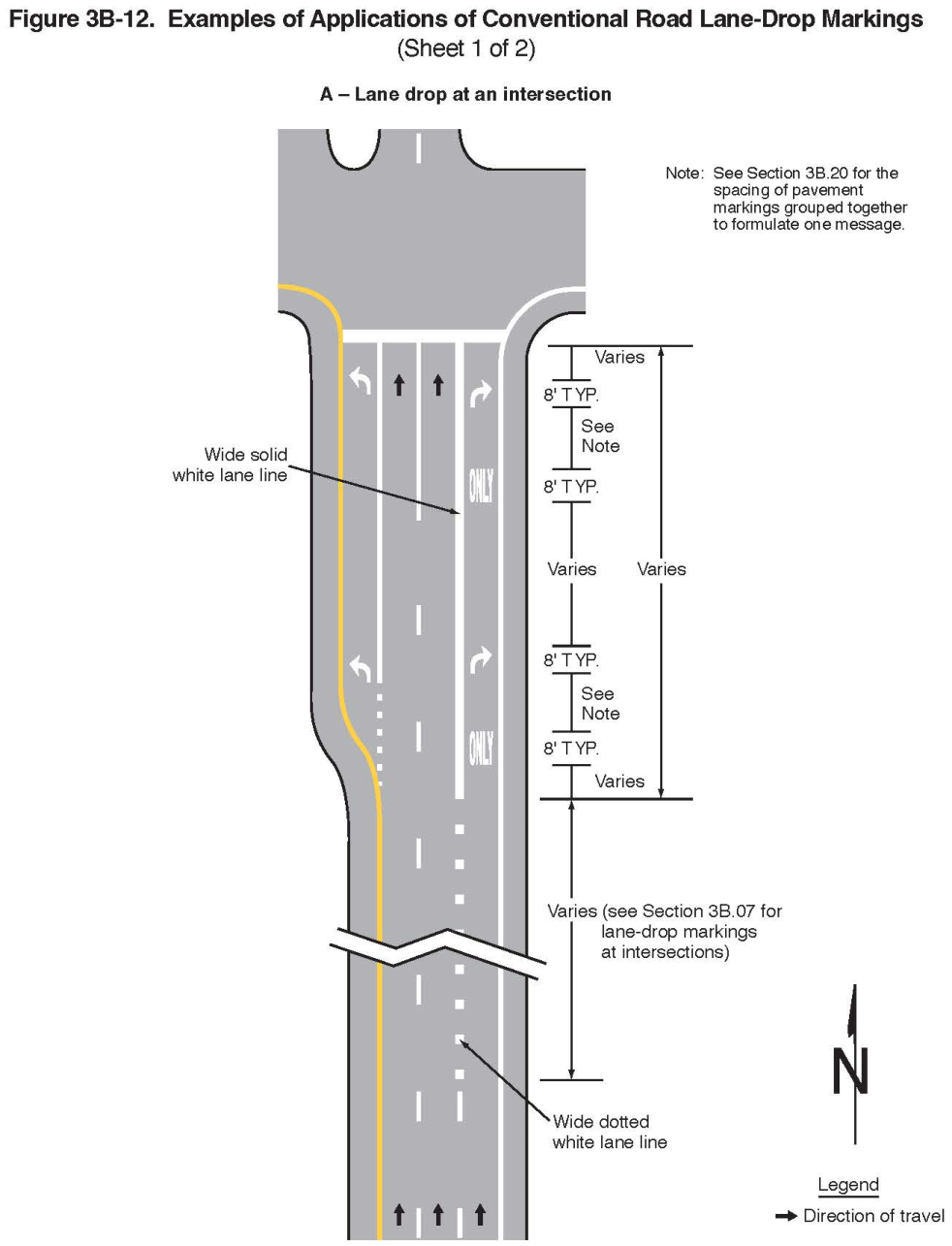 Figure 3B-12. Examples of Applications of Conventional Road Lane-Drop Markings